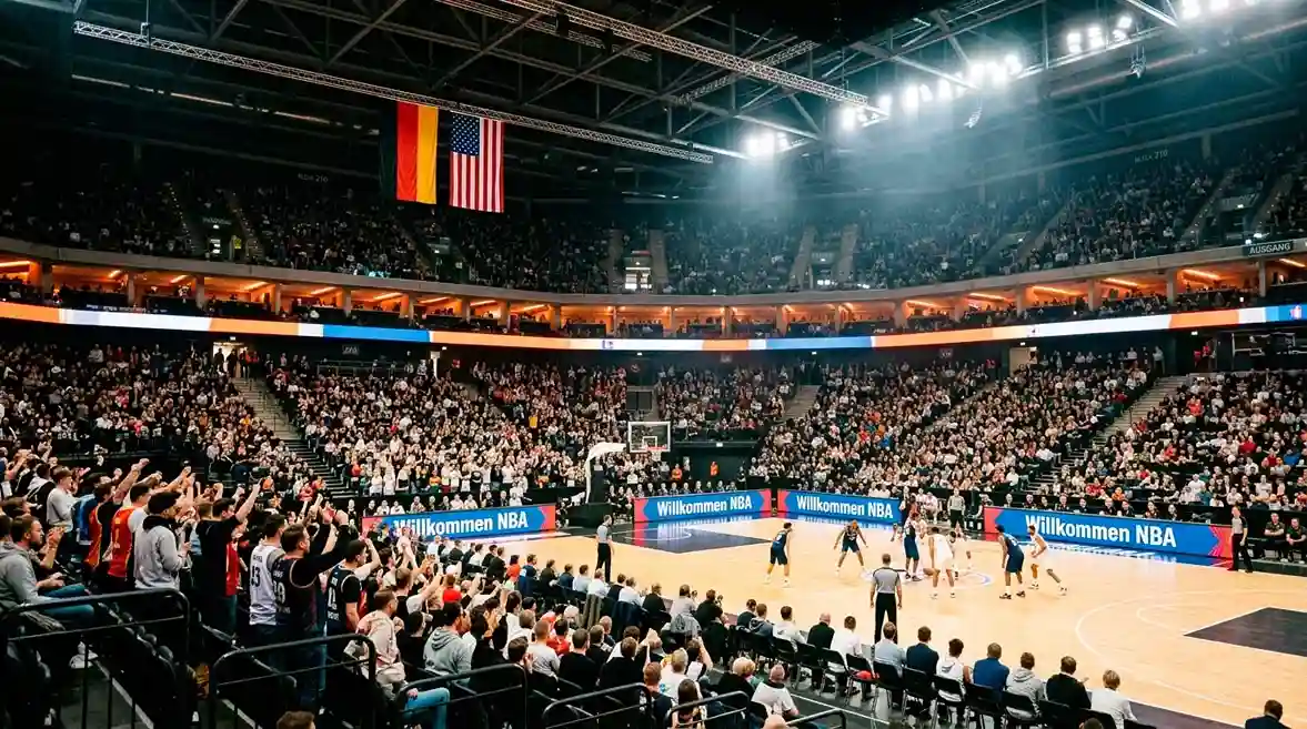 NBA-Basketballspiel in einer europäischen Arena mit deutschem Publikum