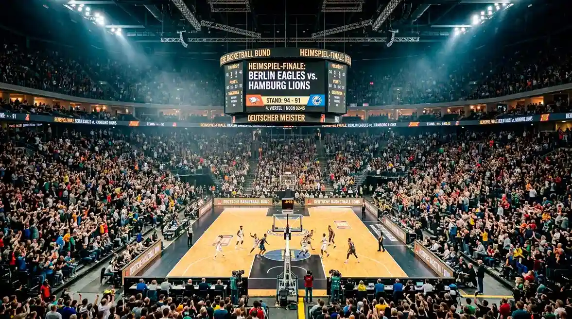 Volle NBA-Arena mit Zuschauern und Medienproduktion am Spielfeldrand