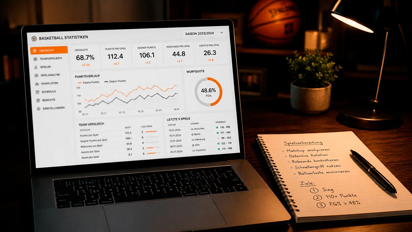 Datenanalyse für NBA Wetten mit Statistiken auf einem Laptop